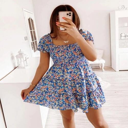 Summer Dress Women Robe Femme Print Shrinkage Ruffles Square Collar Puff Sleeve Elastic Waist Dresses For Woman Vestido De Mujer