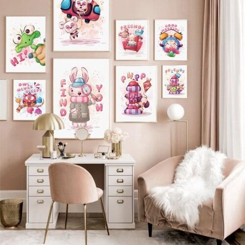 Cute Pink Rabbit Bird Owl Dog Friend Nordic Posters and Prints Wall Art Canvas Painting Wall Pictures Baby Girls Room Home Decor