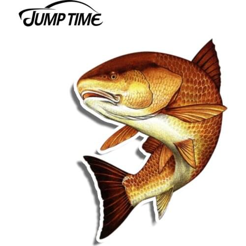 Jump Time 13cmx9.7cm Red fish Sticker Swim Fishing Boat Tackle box Cup Laptop Car Window Bumper Decal Waterproof Car Accessories