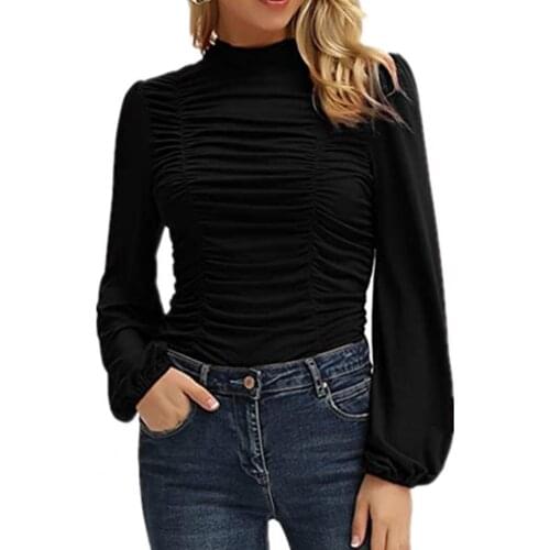 Stylish Women Blouse Solid Color Breathable O Neck Long Sleeve Tops Solid Color Pleated Lantern Sleeve T-Shirt for Daily Wear