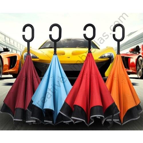 2pcs/lot 98cm 2-3persons C-Hook reflective neon windproof self-defense Reverse Car umbrella Double Layer Inverted stand parasol