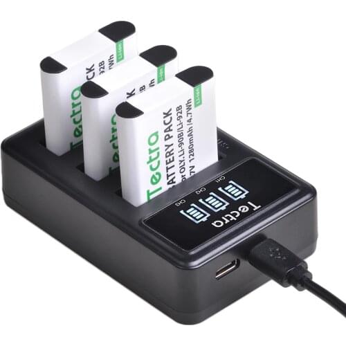 4PC Tectra 1280mAh Li-90B Li 90B Li-92B Li92B Battery+Type C Port Charger for Olympus Tough TG-1 TG-2 TG-3 TG-4 TG5 TG6 SH50 iHS