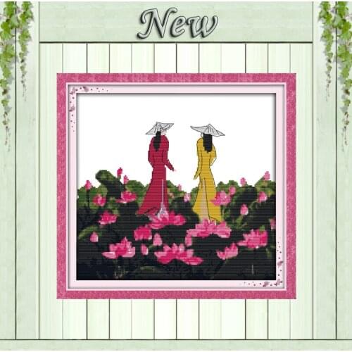 Vietnam girl beauty flower Lotus scenery painting counted printed on canvas DMC 11CT Cross Stitch Needlework Set Embroidery kits