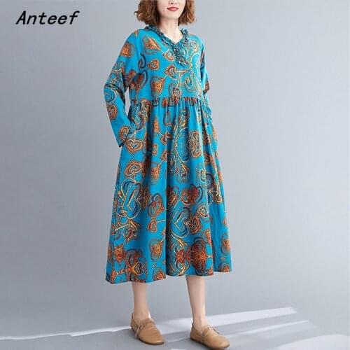 Long sleeve cotton linen vintage floral dresses for women casual loose woman spring autumn dress elegant clothes 2021