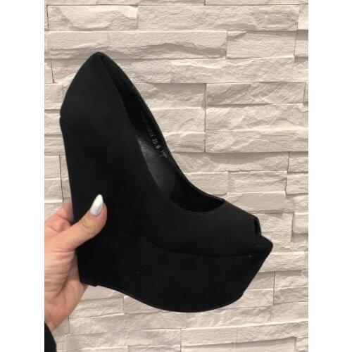 Moraima Snc Newest Black Suede Woman Shoes Peep Toe Platform Wedge Pumps Ladies Sexy Slip on Dress Heels Club Wearing Shoes