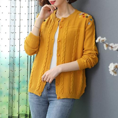 Plus Size Fall Embroidery Sweater Cardigans Women Solid O-Neck Casual Single Breasted Spring Loose Korean Fashion Sweaters Coat