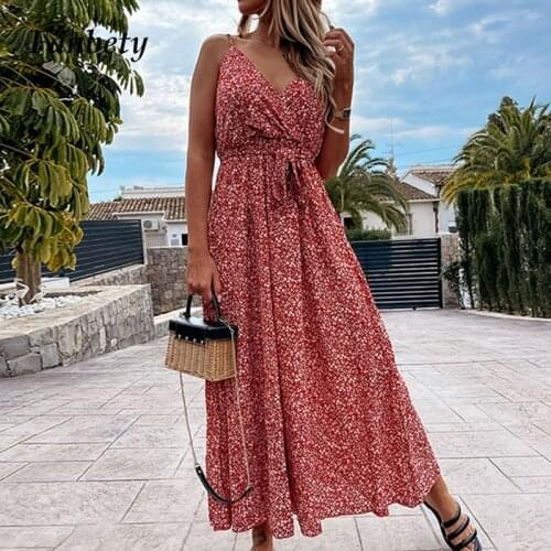Women Sexy V Neck Spaghetti Straps Long Dress Elegant Floral Print Loose Maxi Party Dress Summer Sleeveless Office Lady Dresses