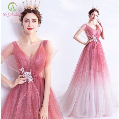 SSYFashion New Sweet Gradient Pink Evening Dress V-neck Sequins Appliques Floor-length Long Romantic Princess Formal Party Gown