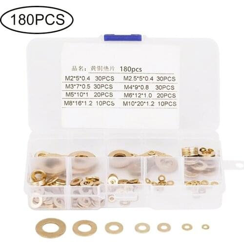 180Pcs/Box Solid Brass Copper Gasket Brass Metal Retaining Ring Set M2-M10 Screw Bolt Flat Washer Plain Gasket Pad High Quality