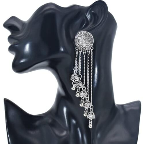 Afghan Long Tassel Bells Hanging Earrings for Women Oxidized Silver Color Alloy Big oorbellen Drop Earring Indian Turkish Gift