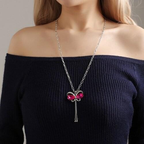 White Red Blue Purple Hollow Crystal Wings Butterfly Chains Tassel Silver Plated Long Necklace for Women