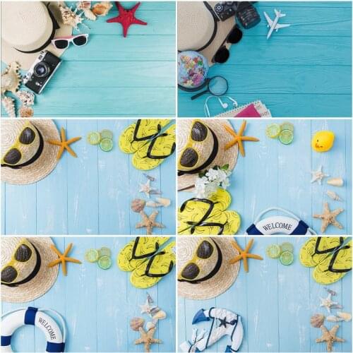 Wooden Board Backdrop Blue Planks and Hat Slippers Photography Background Baby Shower Celebration Photo Booth Studio Decor