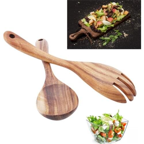 Hot Sell Kitchen Wooden Spoon Set Large Salad Dinner Serving Spoons Server Wood Fork Spoon Cutlery Set Wooden Utensils Tableware
