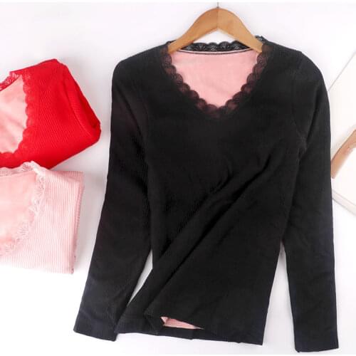 Threaded cotton thermal underwear lace V collar plush thicker thermo underwear ladys jacket plush pink all over warm underwear