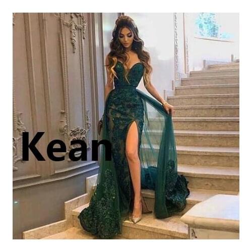 Emerald Green High Split Illusion Vestidos De Festa Evening Dresses robe de soiree Evening Gowns Prom Dress Custom Made