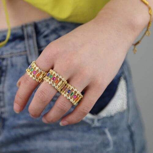 Rainbow cz band Gold color baguette ring blue red cz stacking minimal luxury fashion lovely wedding ring jewelry