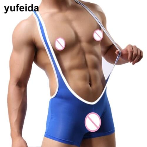Mens Undershirts Sexy Underwear Homme Bodysuit See Through Jumpsuit Wrestling Singlet One-Piece Leotard Penis Pouch Boxer Shorts
