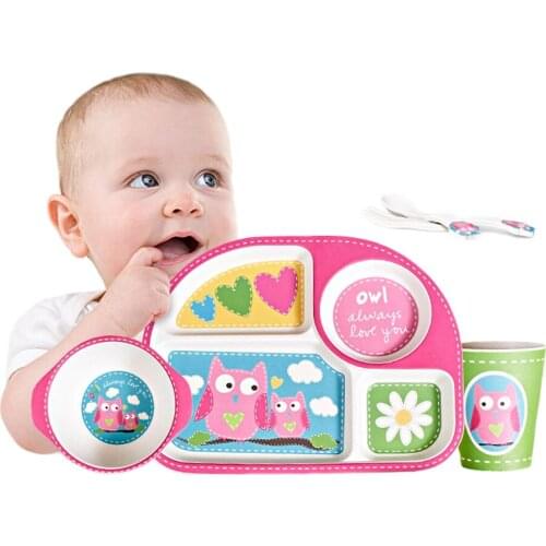 5 Pcs Kawaii Cartoon Animals Bamboo Fiber Kids Baby Children Solid Feeding Dinnerware Tableware Set Plate Bowl Cup Fork Spoon