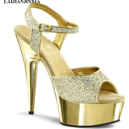 LAIJIANJINXIA New 15cm High-heeled Shoes Glitter Fashion Sandals Dress Womens Shoes Stiletto Heel Platformed Sandals High Heels