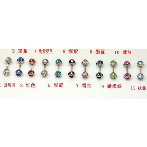 Wholesale titanium steel 11 colors 110pcs double 5 stones balls tongue rings dumbbell earrings fake earrings body jewelry
