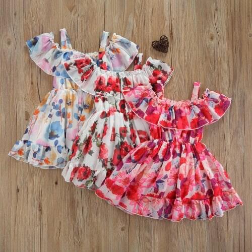 1-6Y Fashion Kids Baby Girls Flower Printed Princess Sleeveless Strap Off Shoulder Dress Sundress Summer Children Clothes