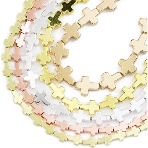 Rose Gold Silvers Hematite Natural Stone 6/8/10MM Cross Jesus Spacer Charm Loose Beads For Jewelry Making Diy Bracelet Necklace