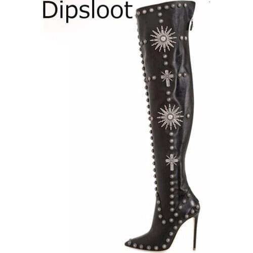 Sexy Black Leather Dedicate Crucifix Embroidery Rivets Studs Over Knee Boots Women High Heels Thigh High Botas Shoes EU 34- 44