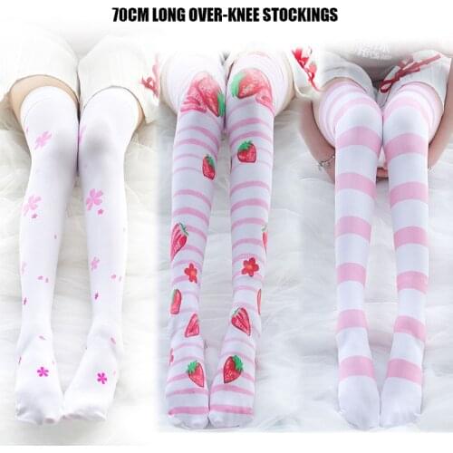 Super Cute Extra Long 70cm Print Over-knee Stockings Strawberry Sakura Pink Striped 3 Styles 120D Velvet