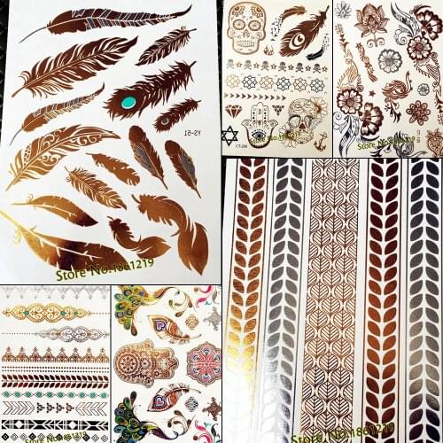 25 Design Gold Flash Metallic Temporary Tattoo Stickers Girl Peacock Feather Silver Leaf Bracelets Waterproof Fake Tattoo Women