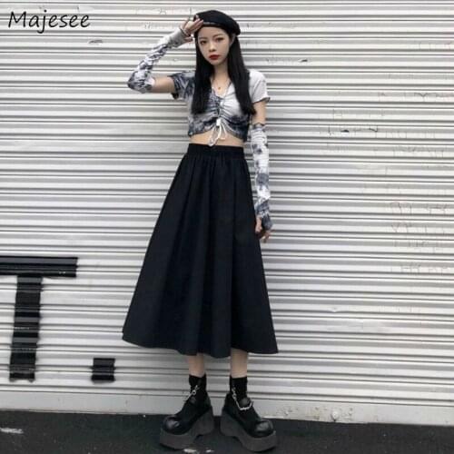Skirts Women Plus Size 5XL Harajuku High Waist Elastic Mid-calf Solid Simple Daily Streetwear Cool Korean Style All-match New