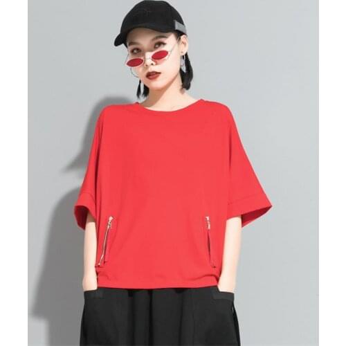 Ladies new summer round collar pullover personality zipper fashion bat sleeve loose casual large T-shirt