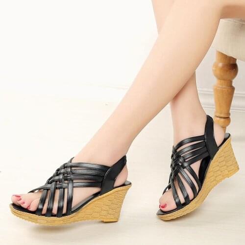 Summer Slope-heel Womens Sandals, Thick-soled Open-toe Fish-mouth High-heeled Shoes, Straw Woven Thin Strap Casual Shoes