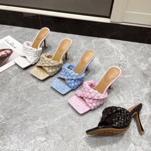 Women in summer wear slippers 2021 new fashion square head flip-flops thin heels high heels European and American woven open-toe