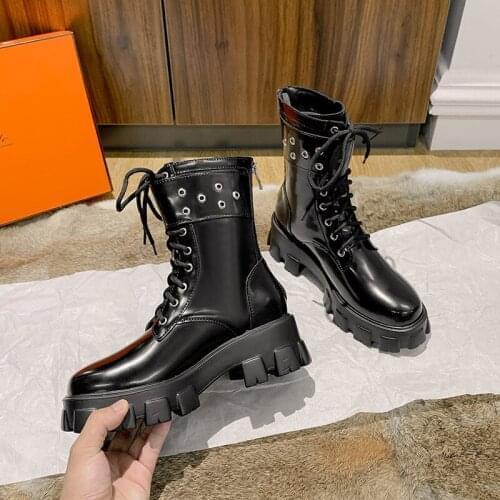 Japanned Leather rivets belt buckle motorcycle boots women platform shoes mid-calf botte chunky heels knight riding botas 2021
