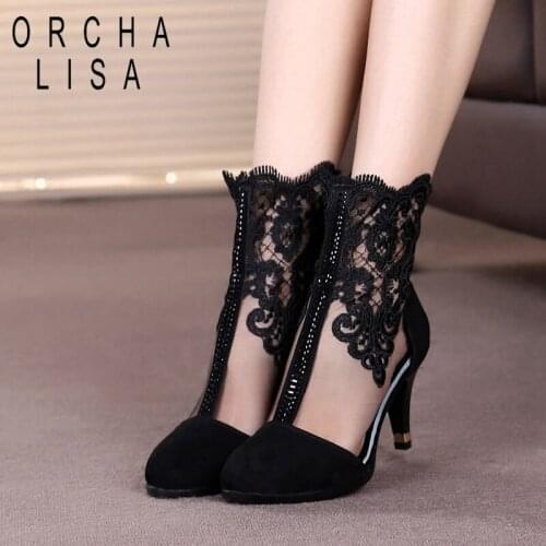 ORCHA LISA Fashion Women summer clear mesh boots 7cm high heel floral ankle boots Party office shoes Botas mujer pluz size 42