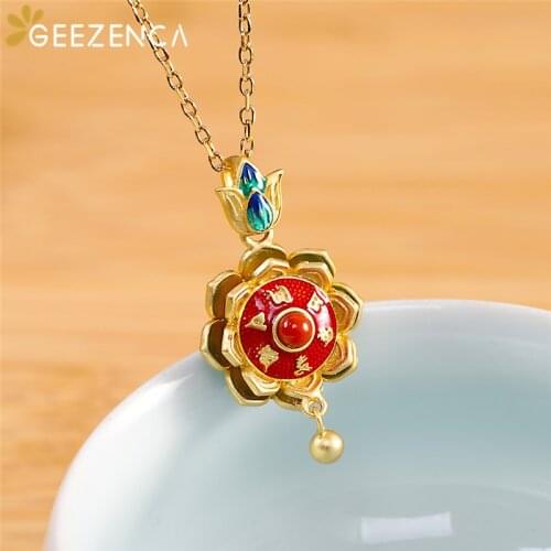 Vintage 925 Sterling Silver Enamel Lotus Agate Gold-plated Pendant Necklace Buddhism Cloisonne Fine Jewelry Womens Necklaces