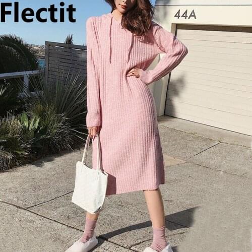 Flectit Women Hooded Knit Dress Straight Fit Long Sleeve With Hoody Sweater Dress Casual Cozy Ladies Outfits