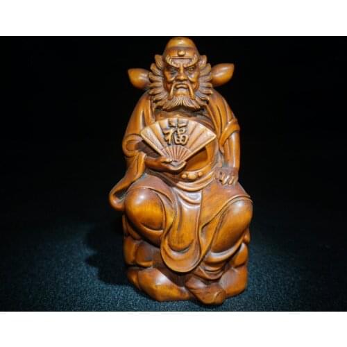 5" China Lucky Seikos Boxwood Take a fan of Zhongkui Buddha Demon Catcher Zhong Kui Town House Ward off evil spirits