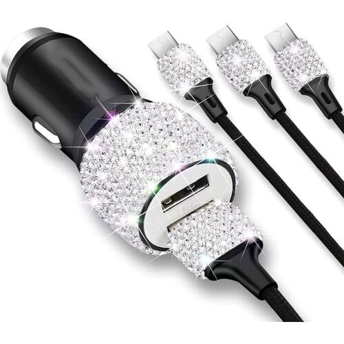 Dual USB Car Charger Bling Bling Handmade Rhinestones Crystal Car Decorations for Fast Charging Car Decors for iPhone/Samsung