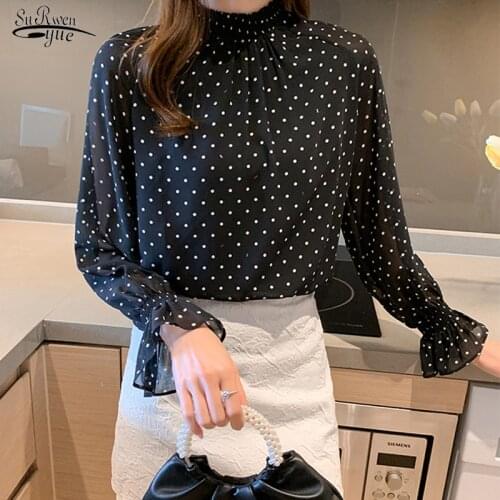Long Sleeve O-Neck Polka Dot Printed Real Silk Blusas Tops Women Spring Autumn Style Chiffon Blouses Shirts Lady Casual 16110