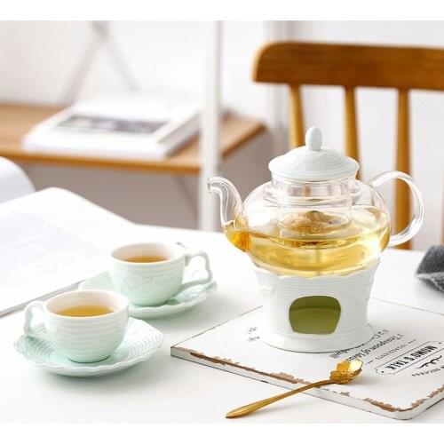 Household Afternoon Tea Ceramic Glass Flower Teapot Set Candle Heating Warm Coffee Teapot Set Tableware Drinkware Cups