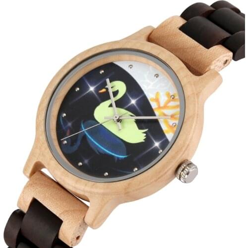 Cartoon Cute Swan Design Wooden Watch for Women Simple Ebony Wood Band Quartz Analog Wristwatches for Ladies Womens Luxury reloj