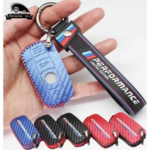 Car Key Case for BMW E90 e92 E60 E70 E87 3 5 6 Series M3 M5 X1 X5 X6 Z4 KeyChain Cover Remote Key Holder Leather Carbon fiber