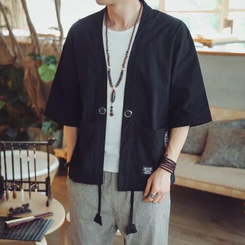 Summer Chinese Style Cotton Linen Kimono Jacket For Men Thin Sunscreen Clothes Kimono Coat Half Sleeve Outerwear