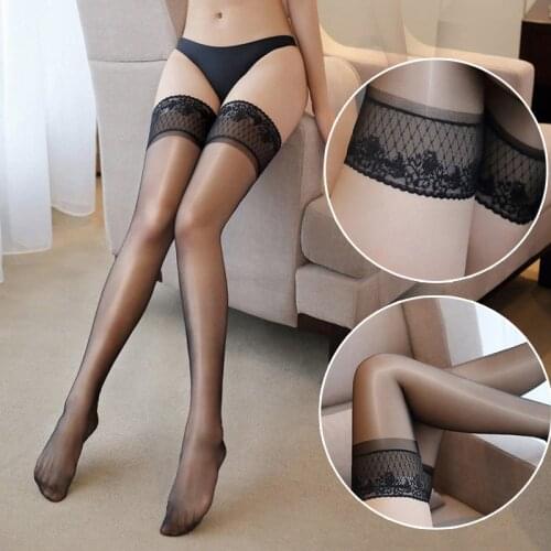Oil Shine Sexy Stockings for Women Lace Top Fish Net Ladies Girls Nylon Stocking Thigh High Long Lace Stockings Medias Lingerie