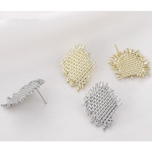 Min order 12pcs/lot Woven rhombus Straw effect geoemtry irregular shape copper earrings studs diy jewelry accessory