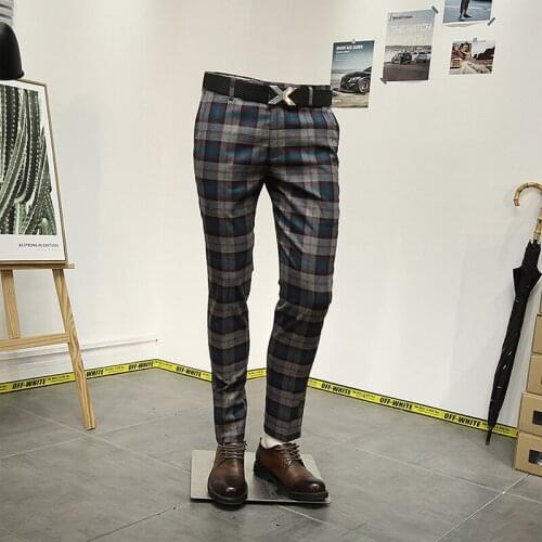 Men Suits Pants Red Blue Plaid Office Business Man Trousers Slim Casual Style Plus Size 36 Autumn Winter Fashion Wear