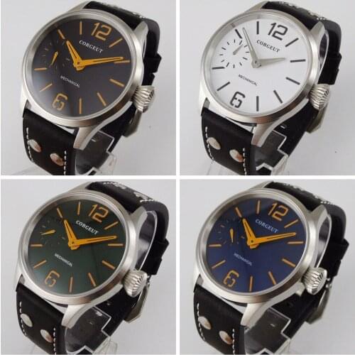 Corgeut 44mm Mens Wristwatch Hand winding movement sapphire glass leaher strap brushed case Arabic numerals