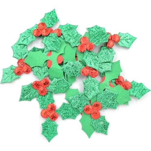 Wholesale 300Pcs Glitter Green Holly Leaf and Red Berry Cloth Applique for Christmas Decoration, Table Ornament Accessories K64
