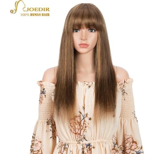 Joedir Straight Human Hair Wigs With Bangs Full Machine Made Wigs Colored P4/27/30 Long Wigs Brazilian Remy Hair Blonde Wig